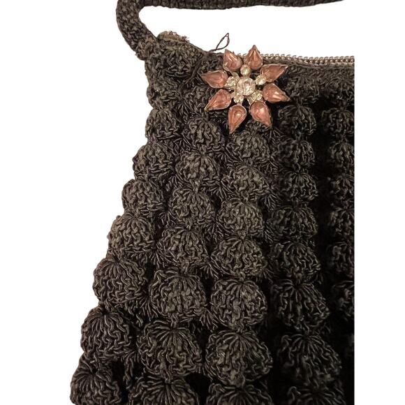 Vintage Crochet Zip Close, Small Handled Purse in Black with Pink Flower Pin - Picture 2 of 4
